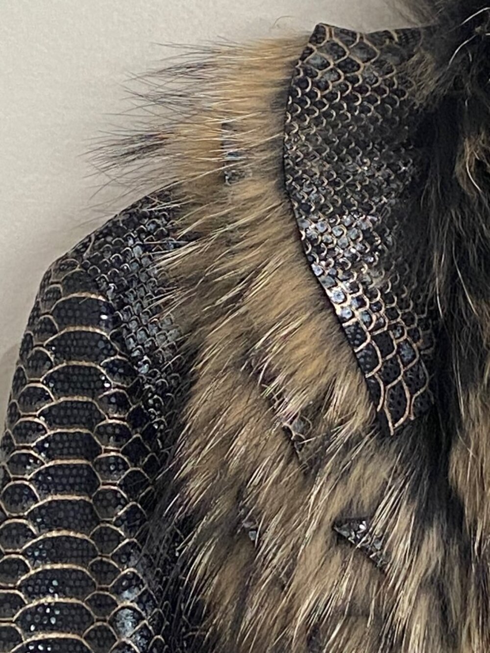 Paolo Santini Vintage Suede Leather Jacket Ruffle Fur Metallic Snake Print 14 - Picture 7 of 11